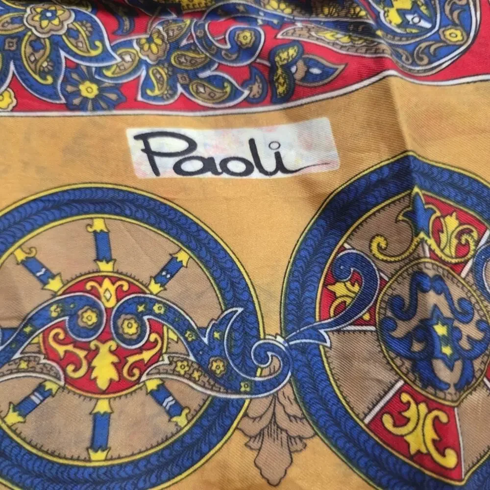 Paoli Silk Blend Medallion Scarf 24x26 Harvest Gold Vintage Equestrian Baroque
